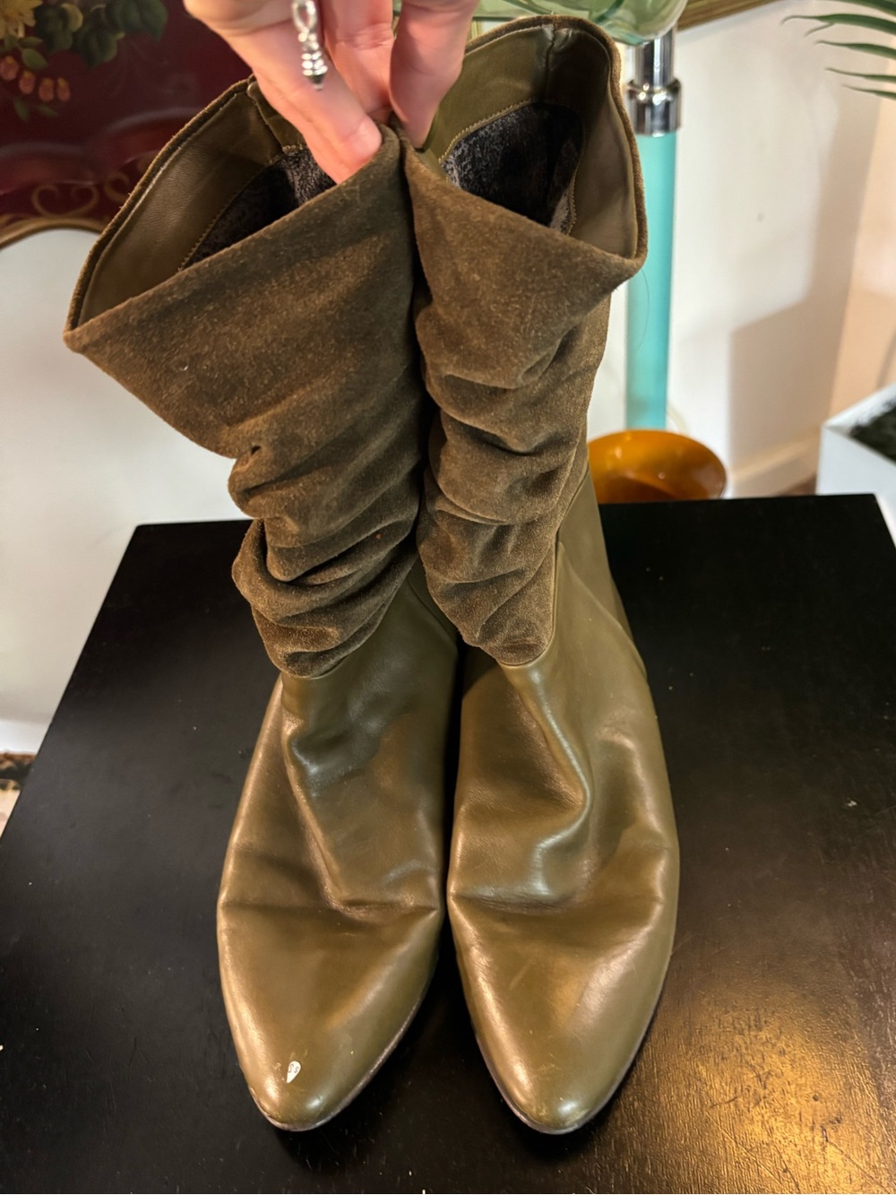 Vintage Olive Green Slouch Leather Mid-Calf Women's Boots